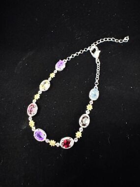 Multi Gem Stone Bracelet Tourmaline & Amethyst Rhodium Plated Size 6- 7 1/2